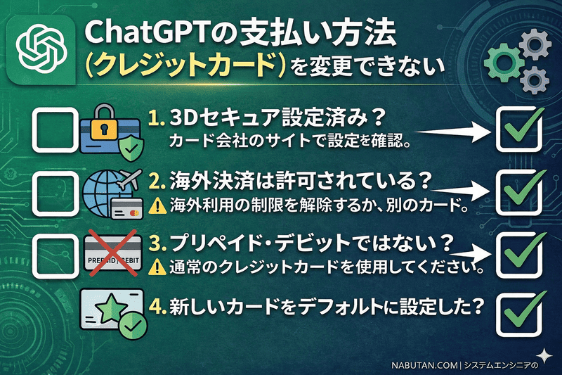 ChatGPTの支払い方法(クレジットカード)を変更できない原因と対処法のチェックリスト