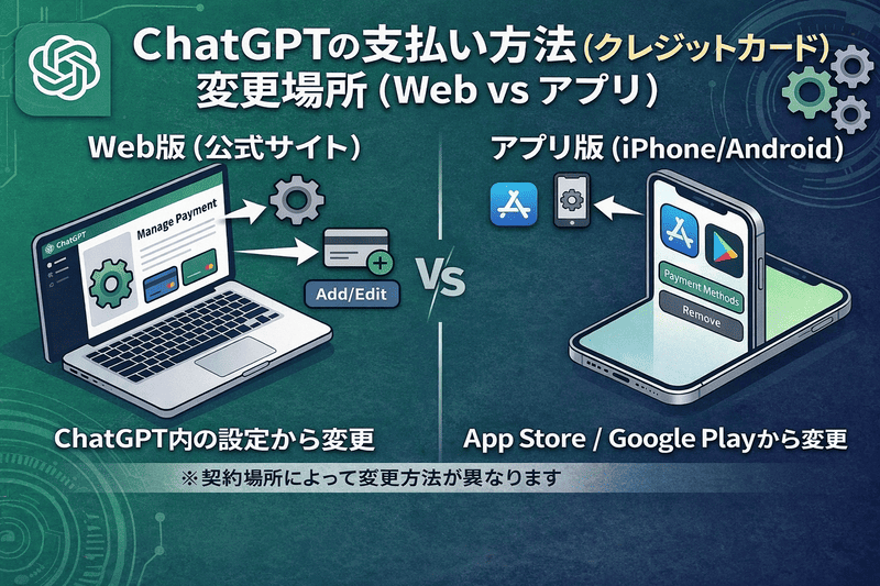 ChatGPTの支払い方法(クレジットカード)の変更場所(Webとアプリの違い)