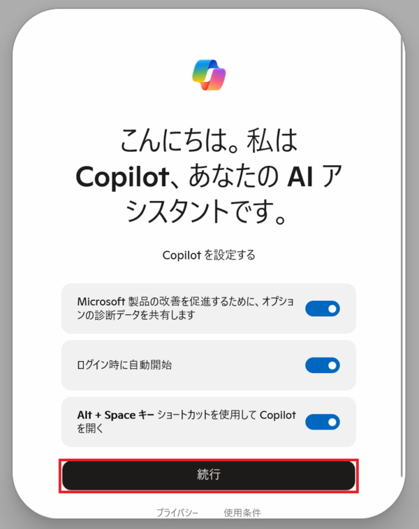 Copilotの初期設定画面