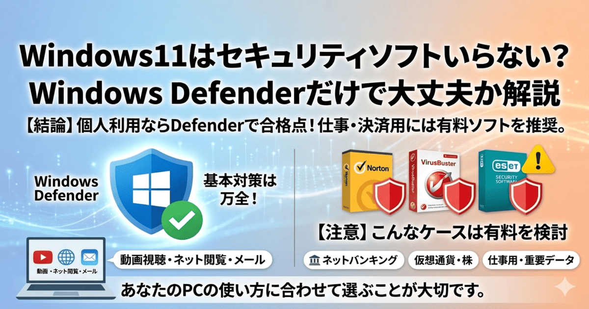 アイキャッチ（Windows11はセキュリティソフトいらない？Windows Defenderと有料ソフトの比較と結論）