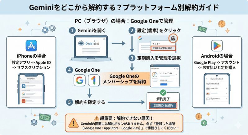 Geminiの解約はどこから？PC・iPhone・Android別の解約方法とGoogle Oneの関係を解説した図