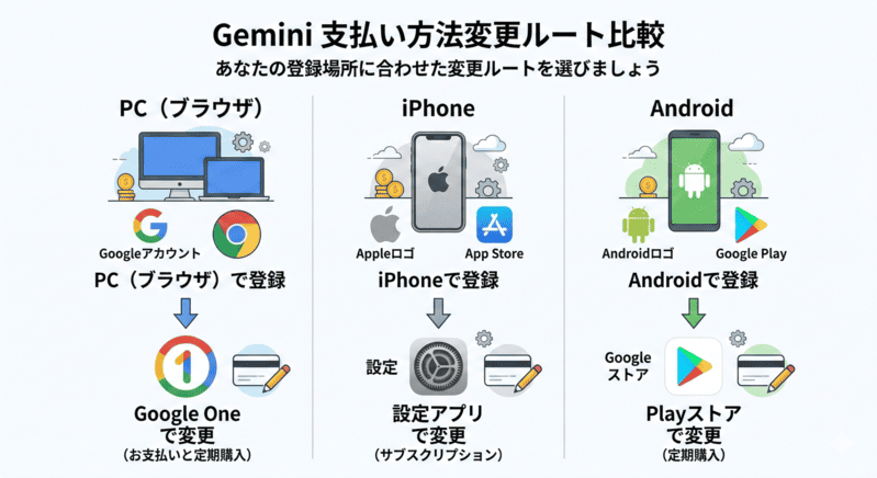 Geminiの支払い方法の変更ルート比較（PC・iPhone・Android別の変更方法）