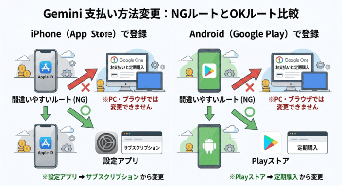 Geminiの支払い方法が変更できない原因と正しい変更方法（NGルートとOKルートの比較）