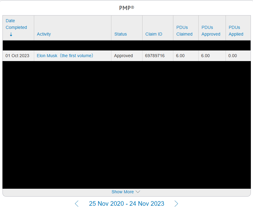 PMPのPDU申請時の画面（減額前の申請PDUの状態）