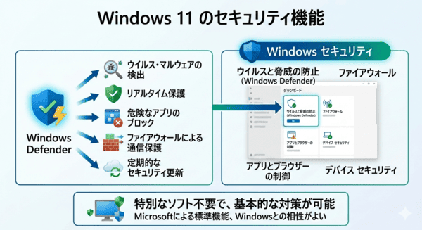Windows DefenderとWindows セキュリティの違いと関係を説明した図