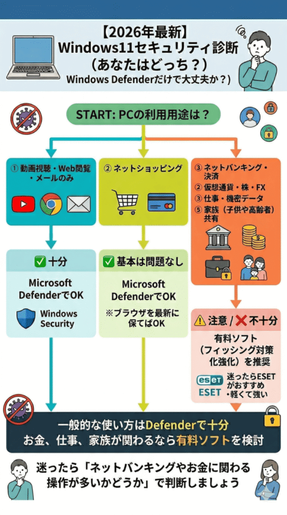 Windows11でセキュリティソフトが必要かを判断するフローチャート。Windows Defenderだけで十分なケースと、有料ソフトが必要なケースをわかりやすく解説した図