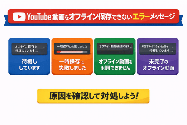 YouTubeオフライン保存できないエラーメッセージ（待機しています・一時保存に失敗しました）