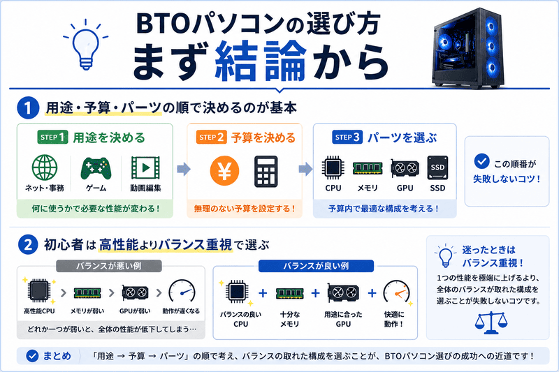BTOパソコンの選び方の手順（用途・予算・パーツの順）を解説した図