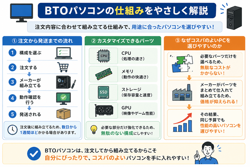 BTOパソコンの注文から発送までの流れと選べるパーツをまとめた図