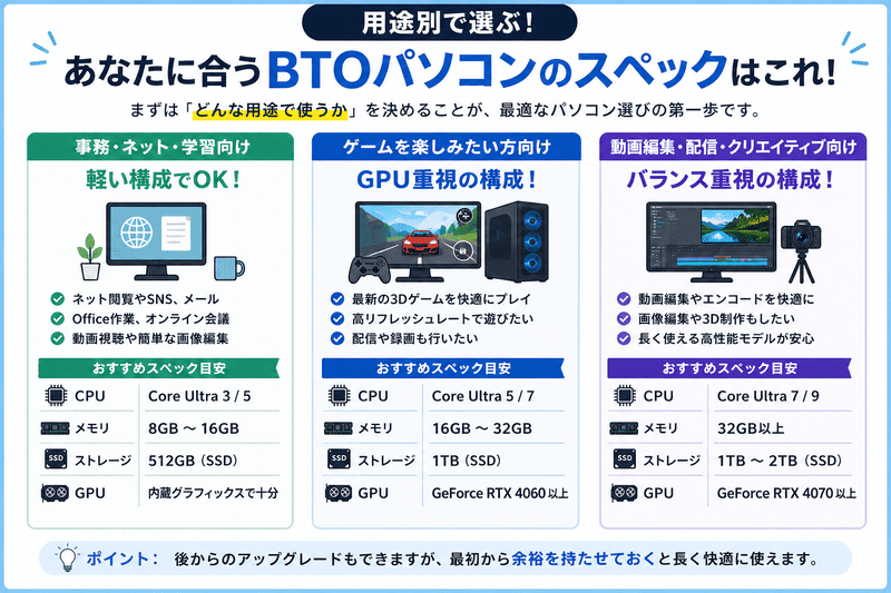 用途別に見るBTOパソコンのスペック目安（事務・ゲーム・動画編集）