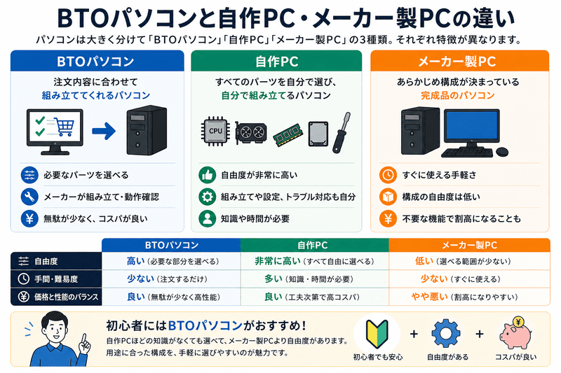 BTOパソコンと自作PCとメーカー製PCの違いを簡潔にまとめた比較図