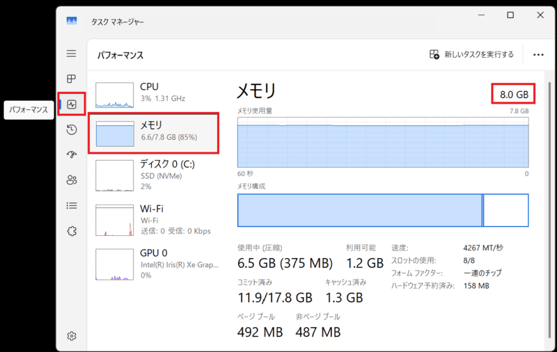 Windowsでメモリ容量を確認する方法。タスクマネージャーのパフォーマンス画面でメモリ使用量と容量を表示