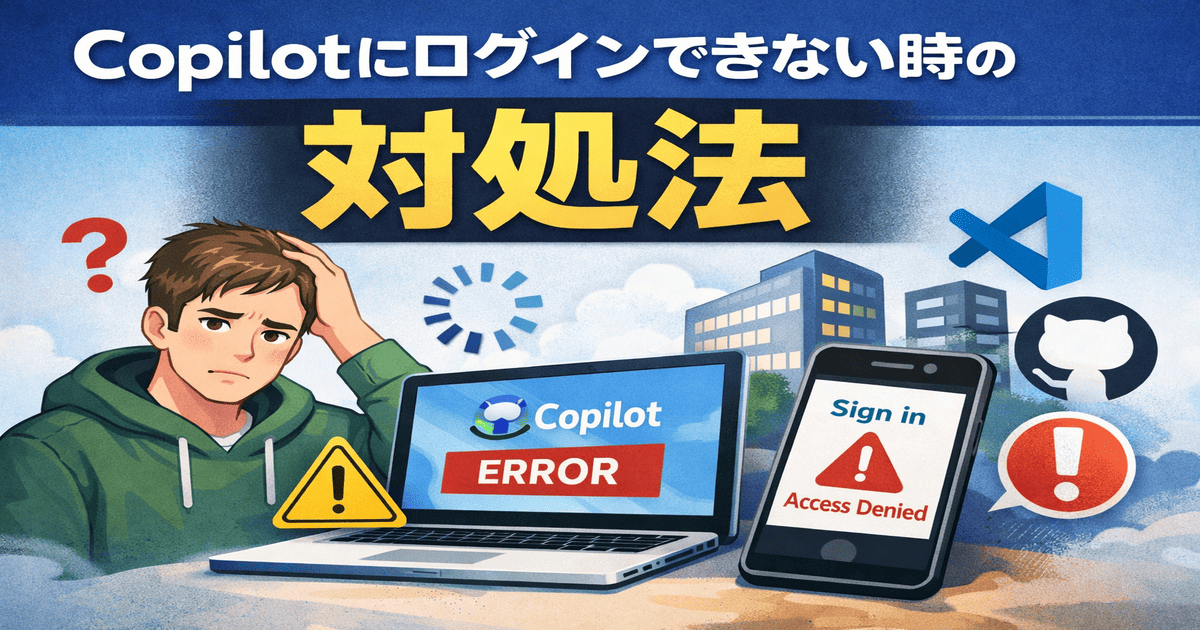 Copilotにログインできない原因と対処法を解説するイメージ（エラー画面・スマホ・PC・VSCode対応）