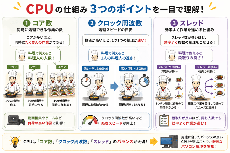 CPUのコア数・クロック周波数・スレッドの違いを料理の例えでまとめた図