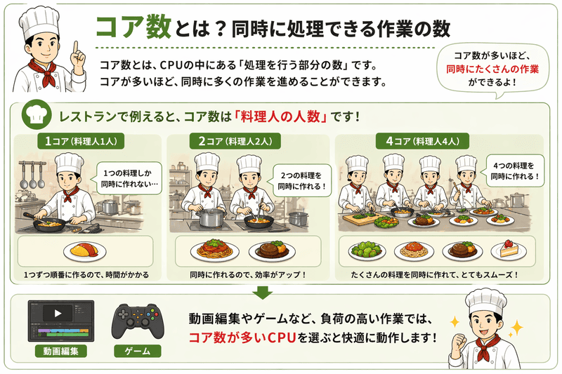 CPUのコア数とは何かを料理人の人数で説明した図 同時に処理できる作業数のイメージ