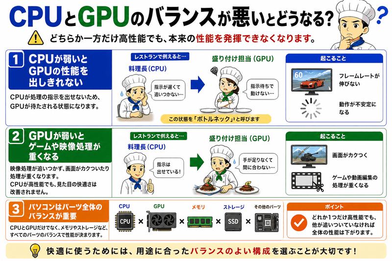CPUとGPUのバランスが悪いと起こるボトルネックや性能低下を説明した図