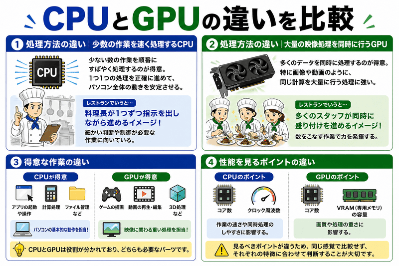 CPUとGPUの処理方法や得意な作業、性能の違いを比較した図