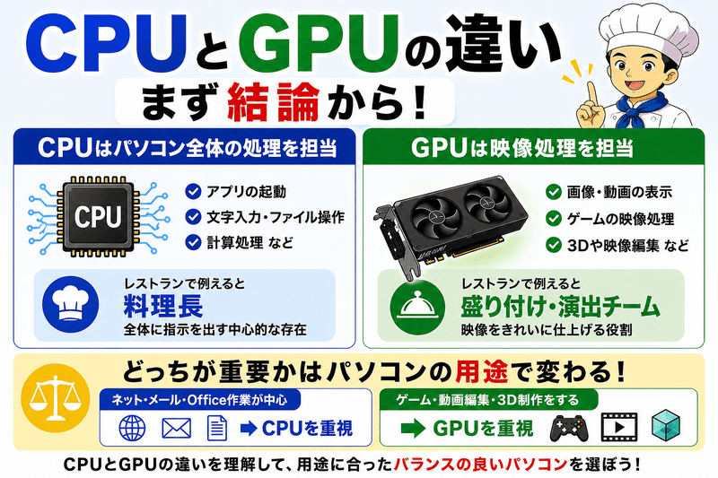 CPUとGPUの違いと役割、どっちが重要かを簡単にまとめた図
