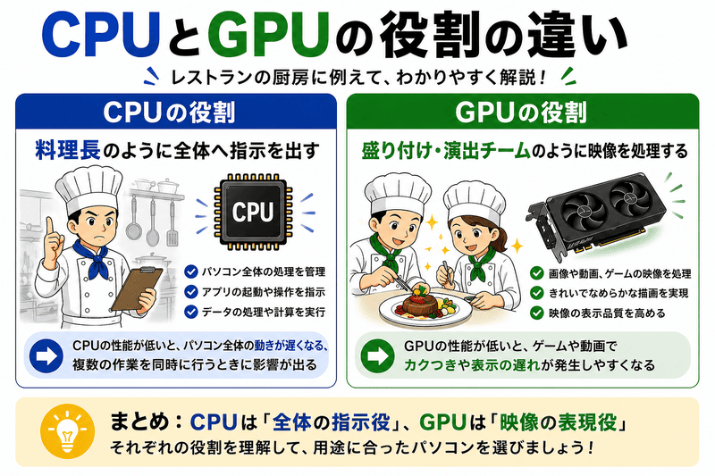 CPUとGPUの役割の違いを料理長と盛り付けでわかりやすく説明した図