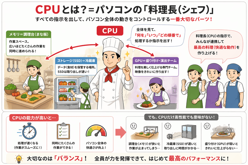CPUは料理長のようにパソコン全体に指示を出す役割を持つイメージ図