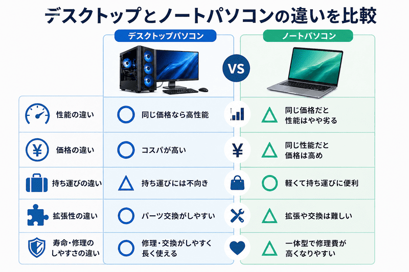 デスクトップとノートパソコンの違いを比較した一覧図（性能・価格・持ち運び・拡張性・寿命）