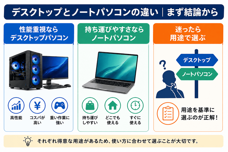 デスクトップとノートパソコンの違いの結論を示した図解（性能と持ち運びの比較）