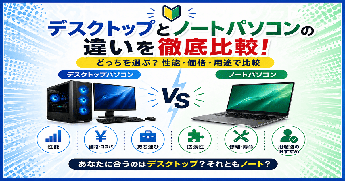 デスクトップとノートパソコンの違いを比較した図解（性能・価格・用途）