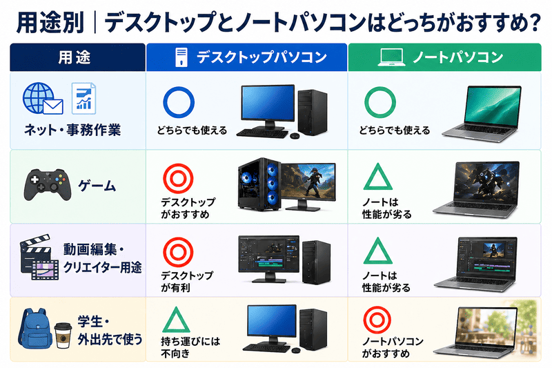 用途別にデスクトップとノートパソコンのおすすめを比較した図解（ゲーム・作業・外出利用）