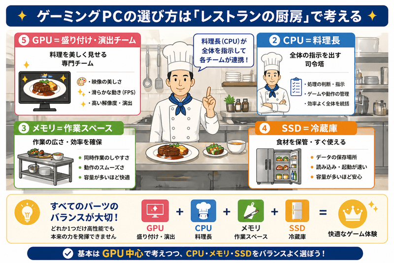 ゲーミングPCのパーツ構成をレストランの厨房に例えてGPU・CPU・メモリ・SSDの役割を解説した図解