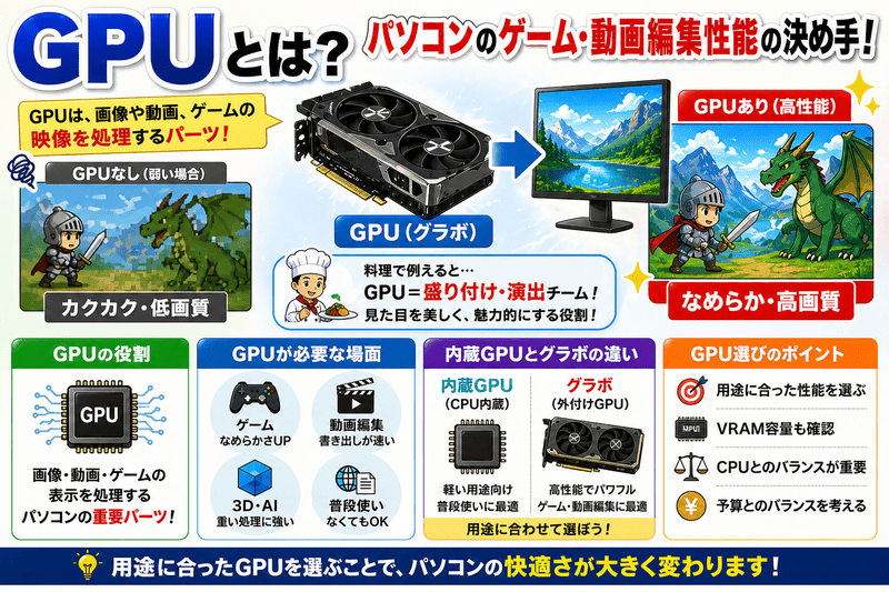GPUとは何か?役割と選び方をまとめた図。パソコン性能に与える影響と用途別の違いを解説