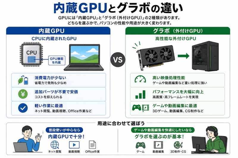 内蔵GPUとグラフィックボードの違いを比較した図。性能と用途の違いを解説