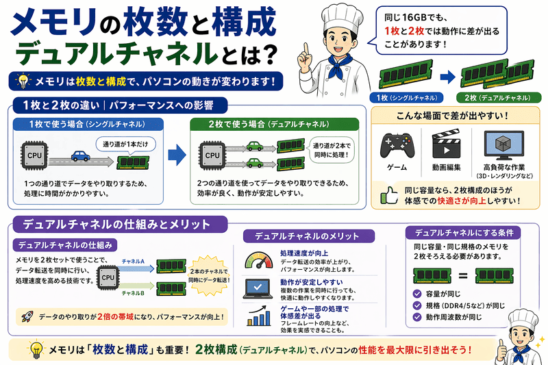 メモリの枚数とデュアルチャネルの違いを解説した図。1枚構成と2枚構成の性能差を比較