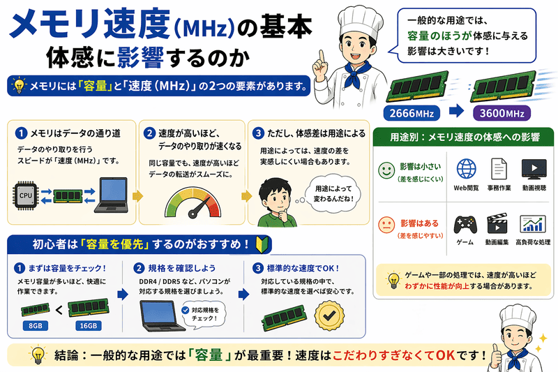 メモリ速度MHzの基本を解説した図。容量と速度の違いや体感への影響を紹介