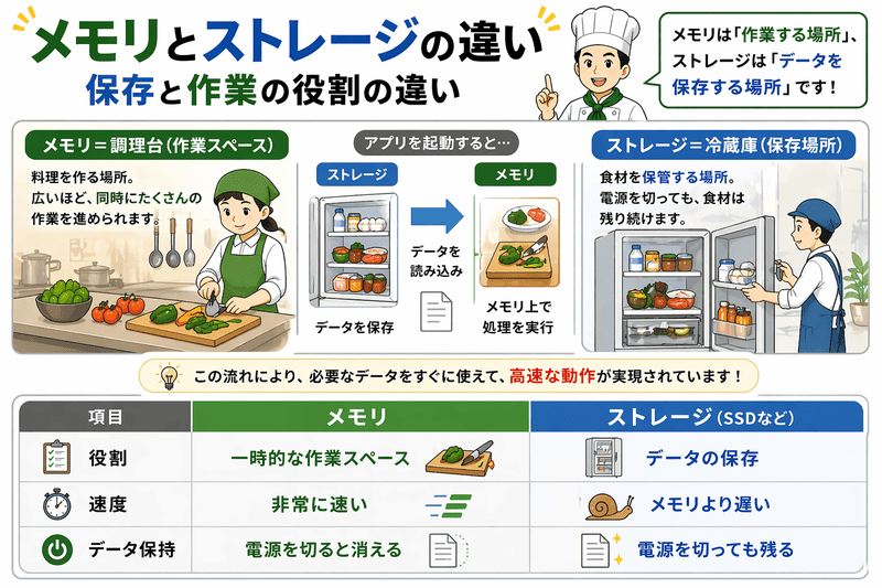 メモリとストレージの違いを解説した図。作業スペースと保存場所の役割を比較