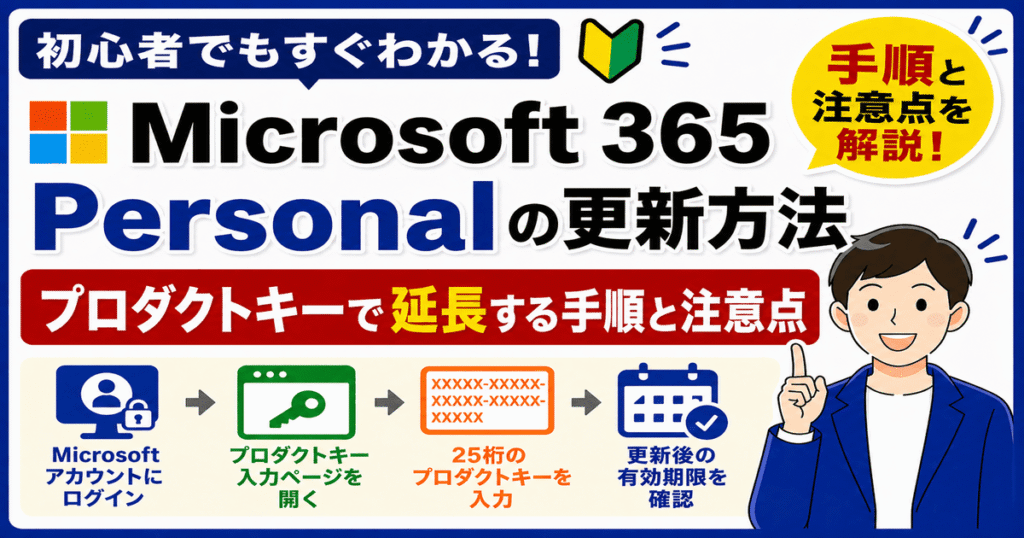 Microsoft 365 Personalの更新手順とプロダクトキー入力で延長する方法を解説した画像