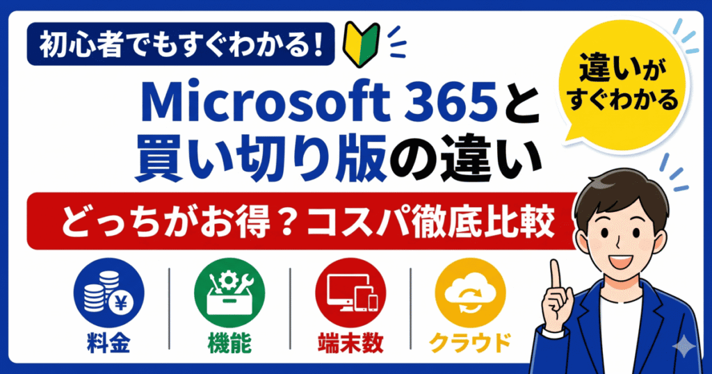 Microsoft 365と買い切り版Officeの違いを料金・機能・クラウドで比較した図解イメージ