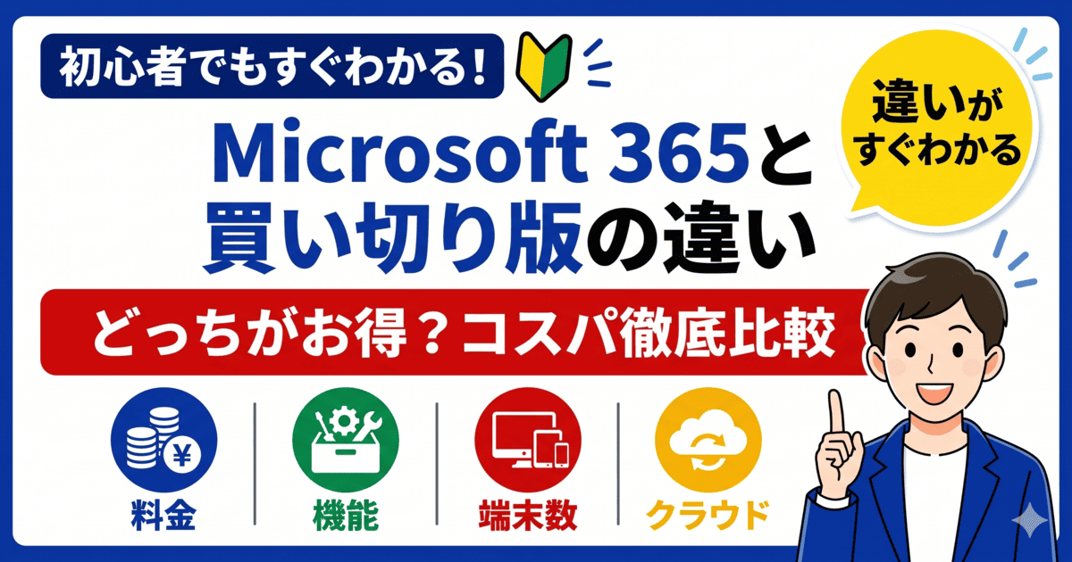 Microsoft 365と買い切り版Officeの違いを料金・機能・クラウドで比較した図解イメージ