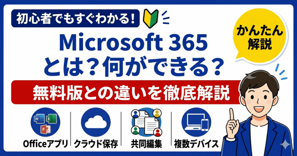 Microsoft 365とは何ができるサービスかと無料版との違いを初心者向けに解説したイメージ図