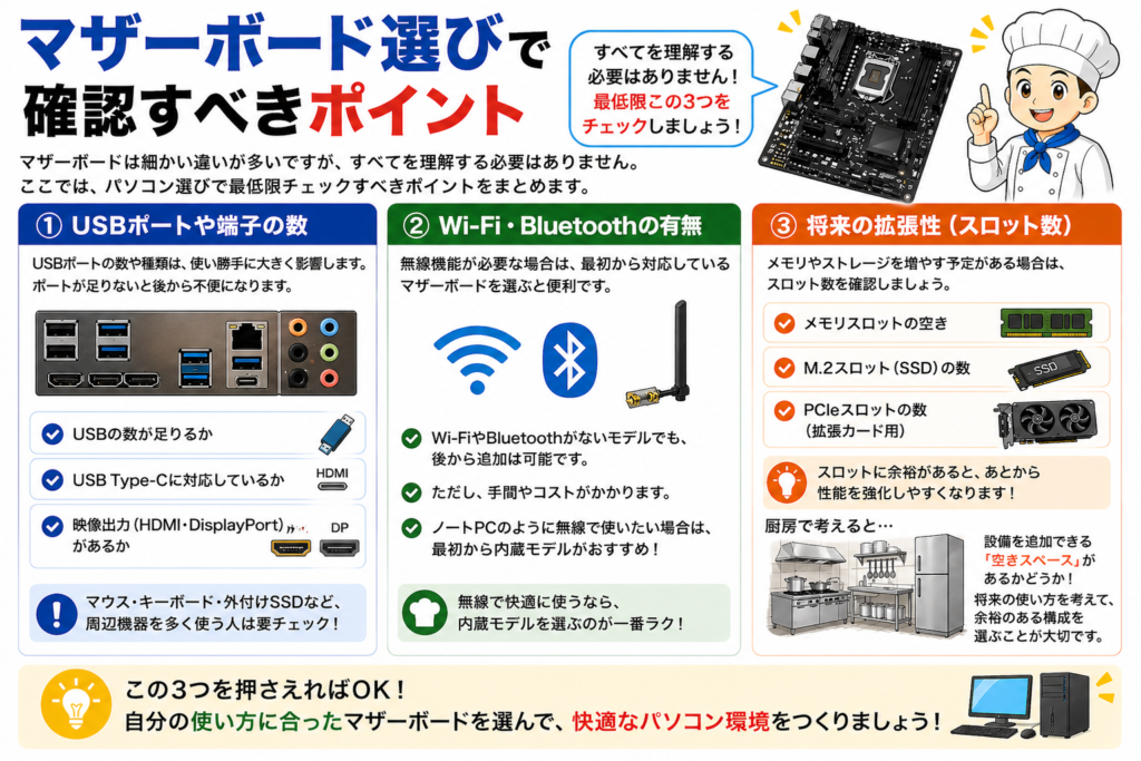 マザーボード選びで確認すべきポイントを解説 USBポート WiFi Bluetooth 拡張性のチェック項目がわかる図解