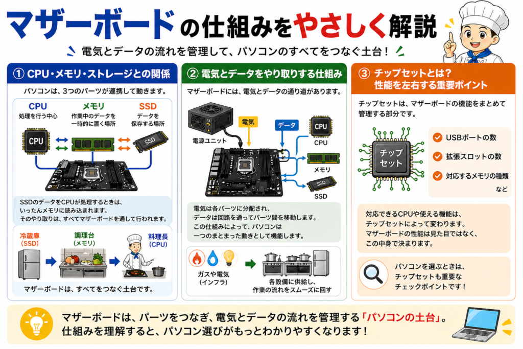 マザーボードの仕組みを簡単に解説 CPU メモリ SSDの関係とデータや電気の流れがわかる図解