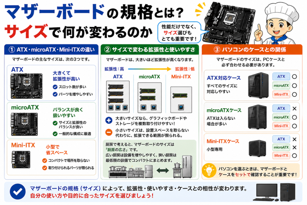 マザーボードの規格サイズの違いを解説 ATX microATX Mini ITXの特徴や拡張性とケースとの関係がわかる図解