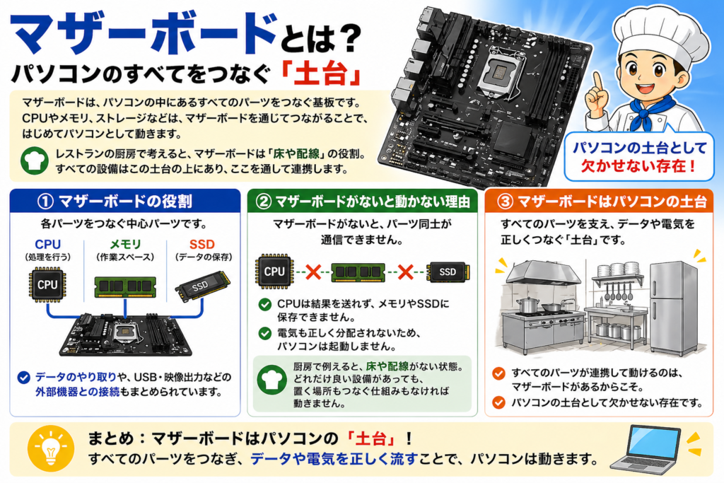 マザーボードとは何かを簡単に解説 パソコンのすべてをつなぐ土台の役割を一目で理解できる図解