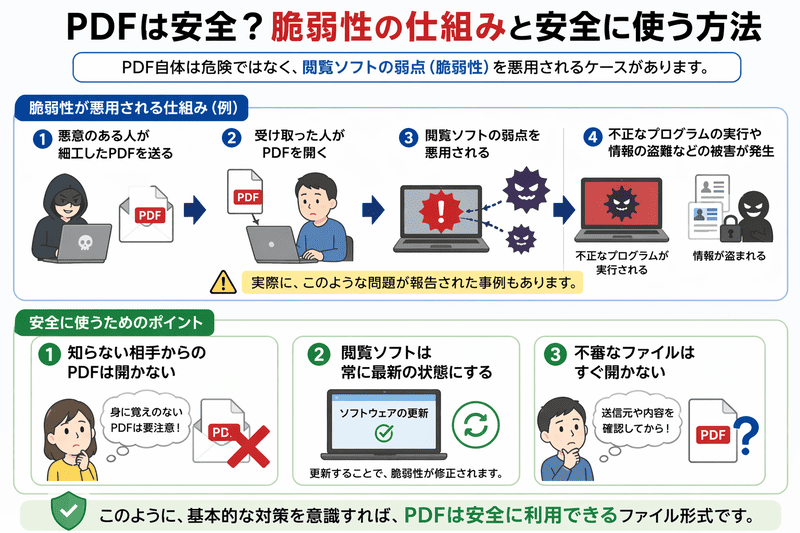PDFの安全性と脆弱性の仕組み、安全に使う方法をわかりやすく解説した図