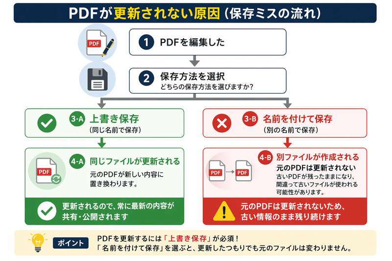 PDFが更新されない原因である保存ミスの流れを示したフローチャート