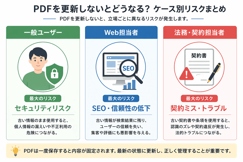 PDFを更新しないとどうなるかのケース別リスク（一般ユーザー・Web担当者・法務）をまとめた図解