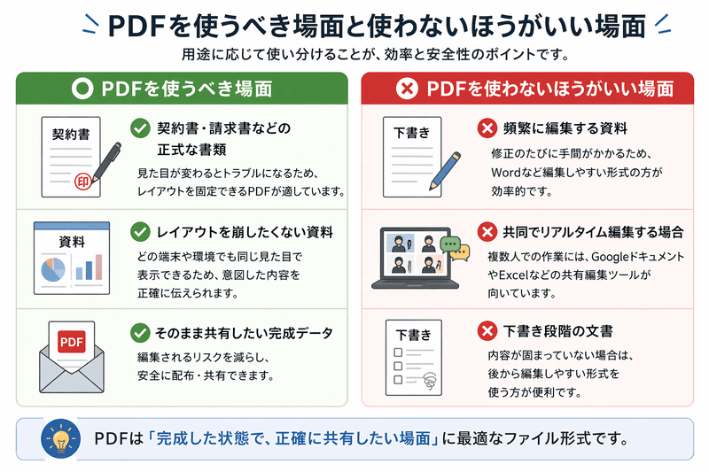 PDFを使うべき場面と使わない場面を比較した図（用途ごとの使い分けを解説）