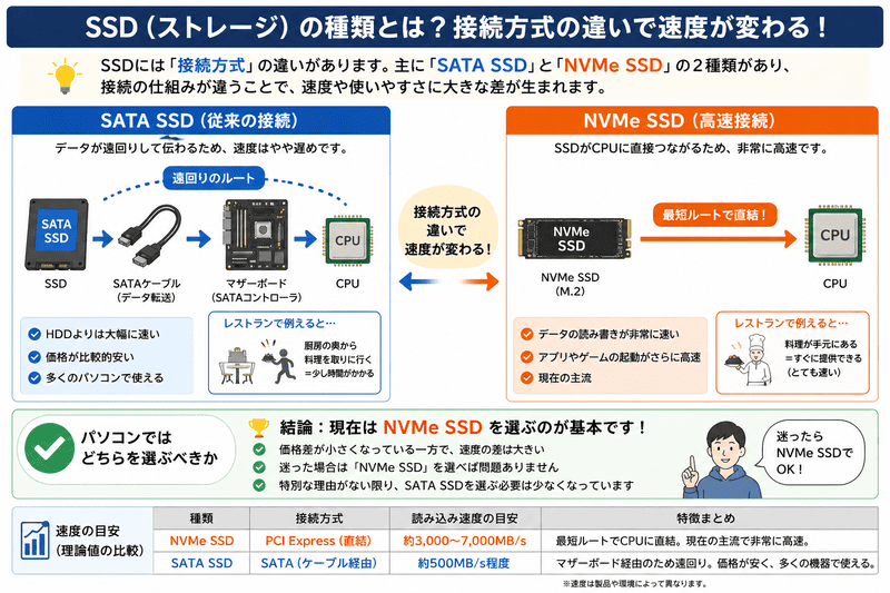 SATA SSDとNVMe SSDの接続方式の違いと速度差を比較した図解