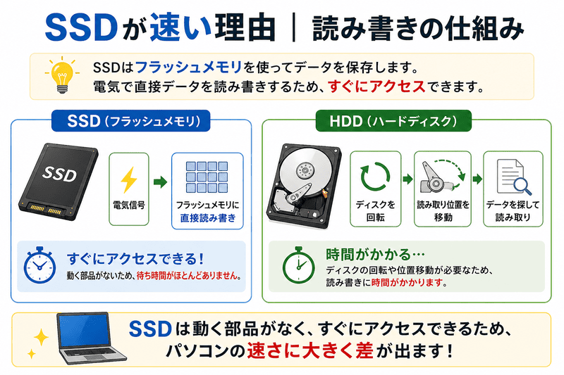 SSDとHDDの読み書きの仕組みの違いを比較した図解