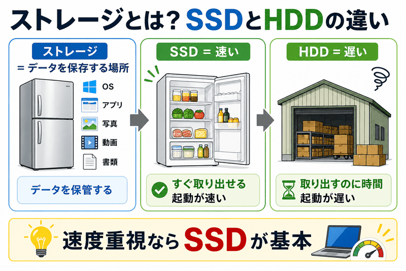 ストレージとは SSDとHDDの違いを冷蔵庫と倉庫で比較した図解