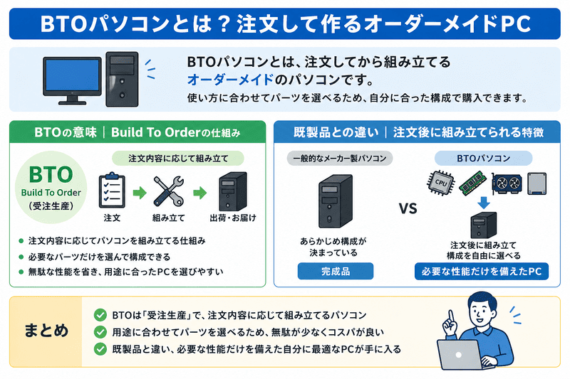 BTOパソコンとは何かを説明した図（注文後に組み立てる仕組みと既製品との違いを比較）